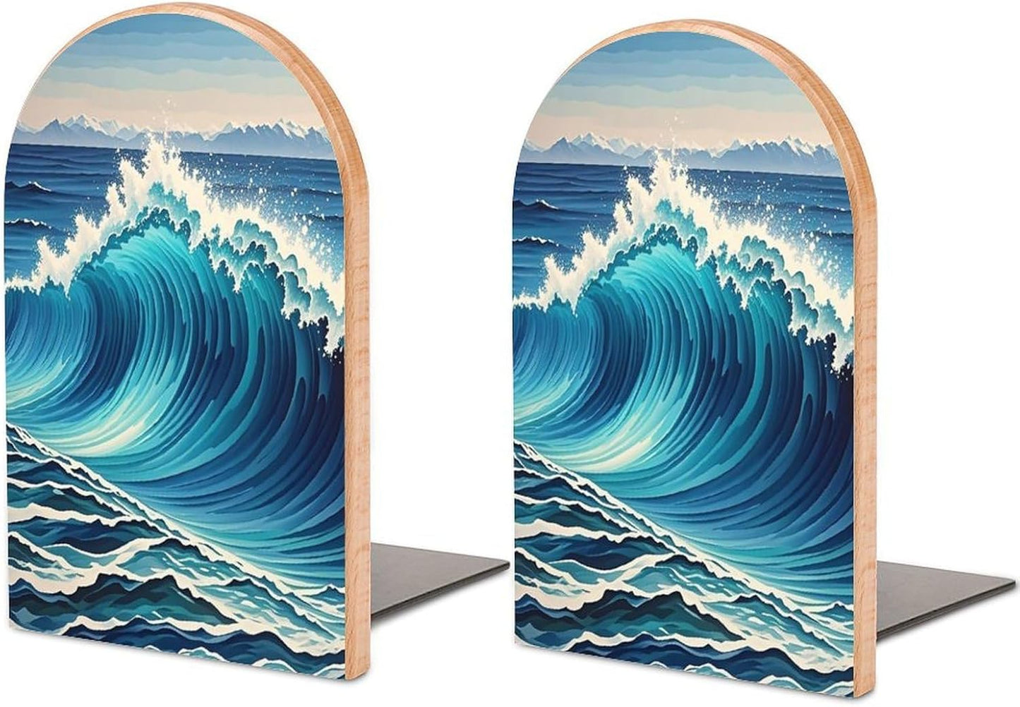 Blue Wave Art Bookends 1 Pair Heavy Duty Book Ends for Shelves Non-Skid Bookend Supports Wooden Book Holders with Metal Base Desk Organizers Books Storage to Hold Books