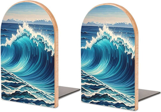 Blue Wave Art Bookends 1 Pair Heavy Duty Book Ends for Shelves Non-Skid Bookend Supports Wooden Book Holders with Metal Base Desk Organizers Books Storage to Hold Books