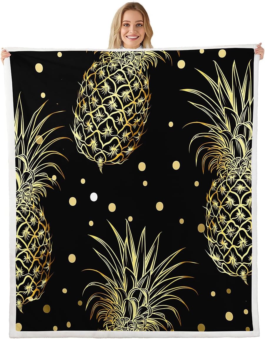 Feelyou Pineapple Fleece Throw Blanket Black Gold Pineapple Printed Sherpa Blanket for Kids Boys Girls Polka Dot Decoration Luxury for Sofa Bed Couch Twin 60x80 Inch