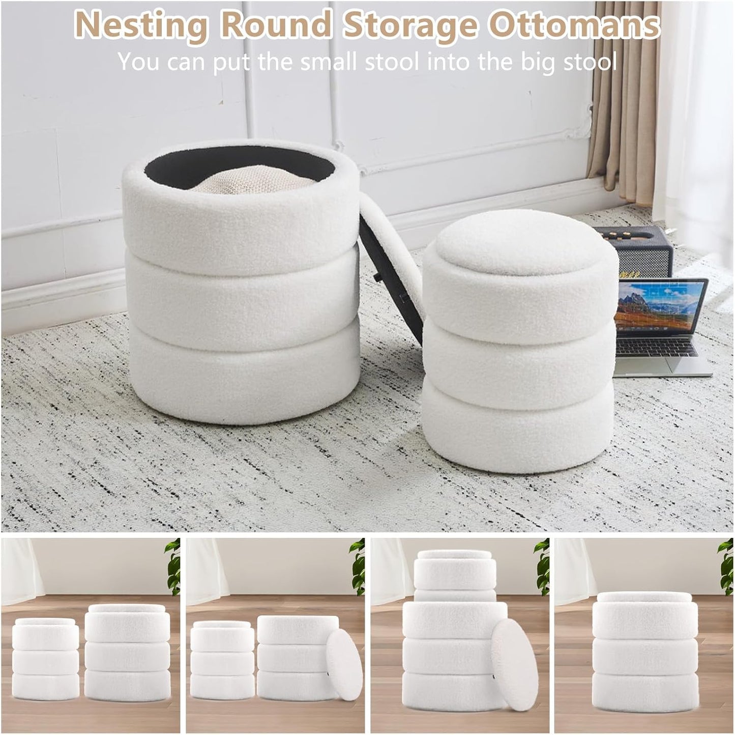 Round Ottoman with Storage Set of 2, Soft Teddy Velvet Upholstered Foot Stool Vanity Chairs, Support 330lbs Padded Seat Multifunctional Ottomans Footrest, Foot Rest for Living Room, White