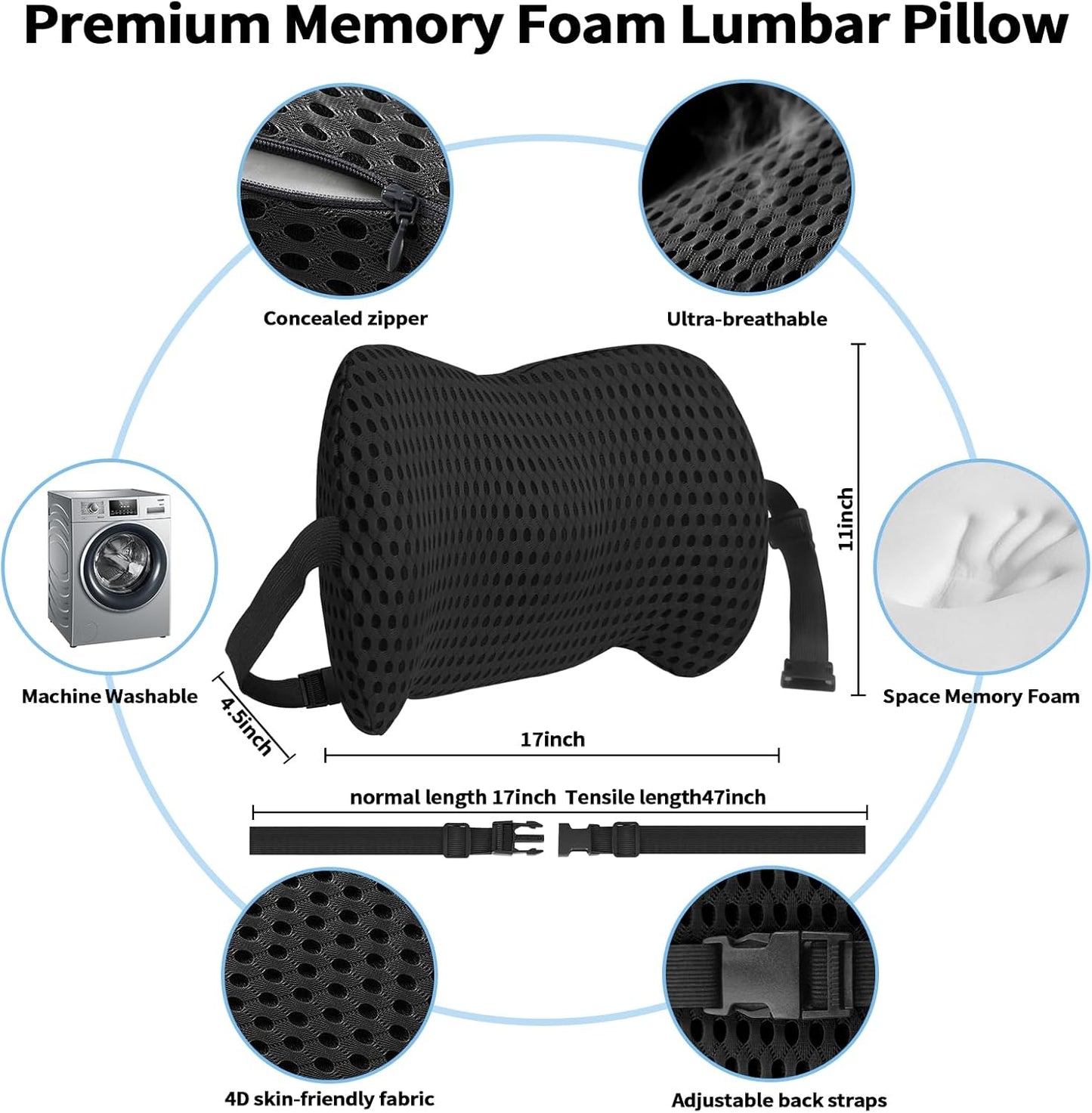 Lumbar Support Pillow with Adjustable Straps for Lower Back Pain Relief. Memory Foam Lumbar Support Pillow for Car, Bed, Office Chair, Gaming Chair, Recliner, Improves Posture Black