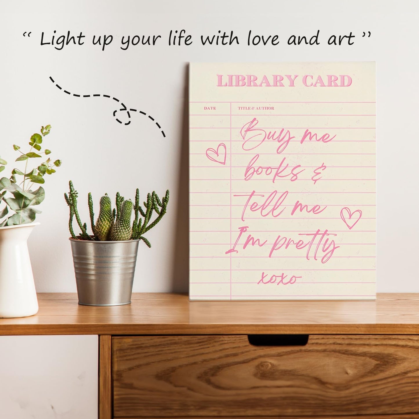 APJYM Trendy Preppy Pink Book Reading Wall Art, Buy Me Books and Tell Me I'm Pretty Library Card Canvas Wall Art for Classroom Girls Room Dorm Reading Nook Corner Room, 11x14 Inches Framed