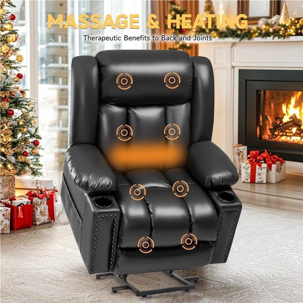 Large Power Lift Recliner Chair for Elderly with Heated Massage Three Position Adjustable Overstuffed Sofa Breathable Leather Upholstery Electric Mobility Assist Cup Holder