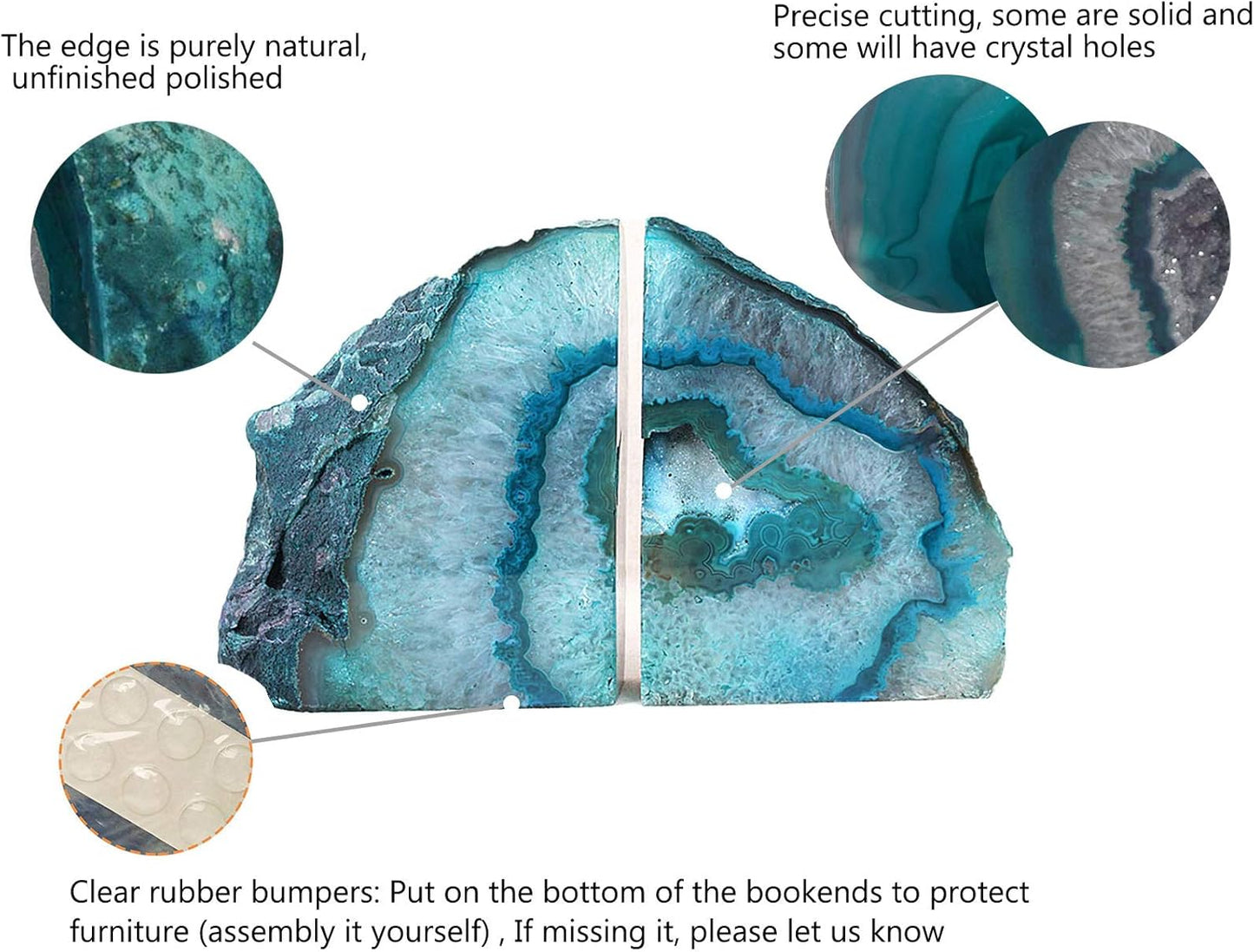 AMOYSTONE Teal/Green Agate Bookends, Heavy-Duty Large Book Ends for Heavy Books, Unique Sujetalibros 6-8 LBS with Rubber Bumpers, Perfect for Office Bookshelf and Home Decor