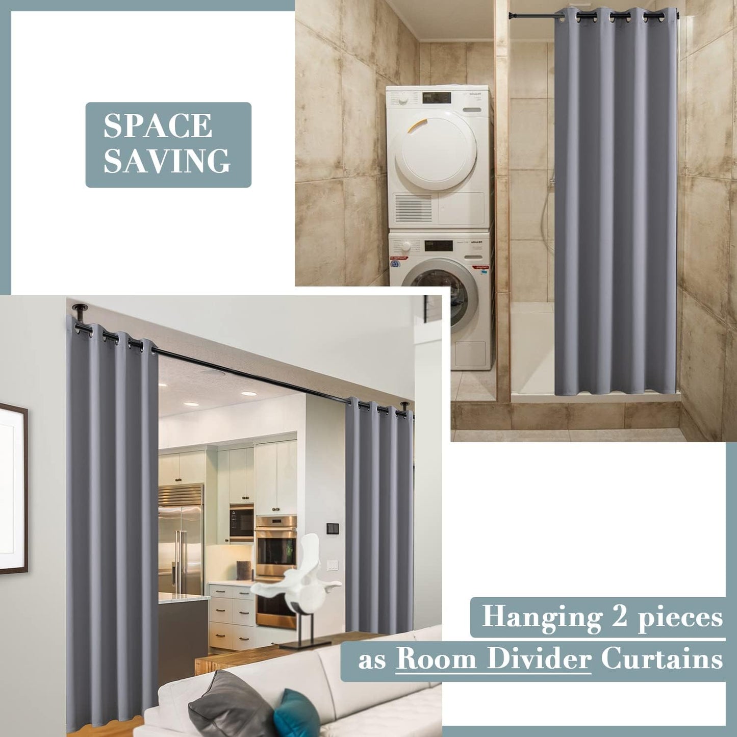 Sliding Hanging Room Divider,60 % - 70 % Soundproof Privacy Panel Keep Heat Out Fake Bi Folded Bifold Closet Door Curtains for Bedroom Doorway Hiding Bathroom Laundry Shelves,80 Inch Length,Light Grey