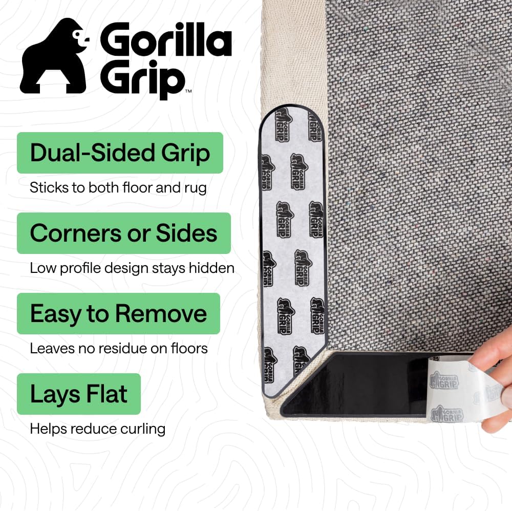 GORILLA GRIP Rug Gripper Pads Keep Area Rugs Corners from Curling, Reusable Double-Sided Stickers Holds Down Carpet in Place, Grips on Tile and Hardwood Floors Helps Prevent Sliding, Home Décor, 8 Pcs