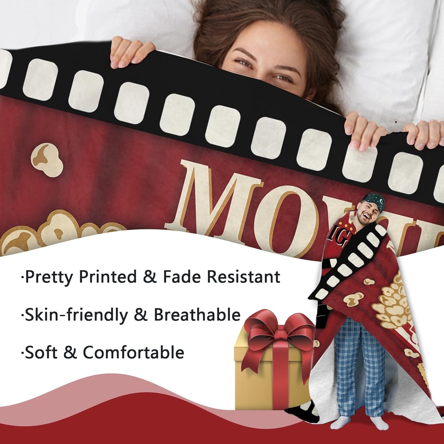 Movie Night Flannel Throw Blanket, Popcorn Cinema Ticket Gifts for Adult Kids Women Men Movie Lover, Birthday Ideas for Home Film Theater Decor Supplies 50" x 60"