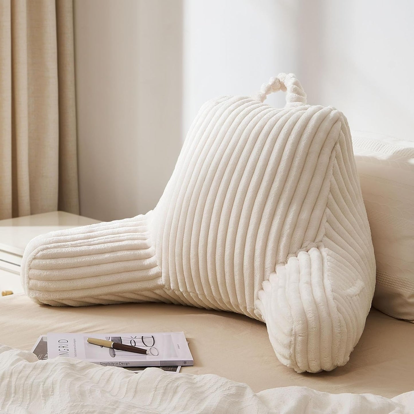 Blissful Diary Reading Pillow for Sitting in Bed, Flannel Back Pillow Bed Sitting Up for Adult & Children, Backrest Cushion for Sit Up in Couch or Floor, Dorm Essentials, Cream White