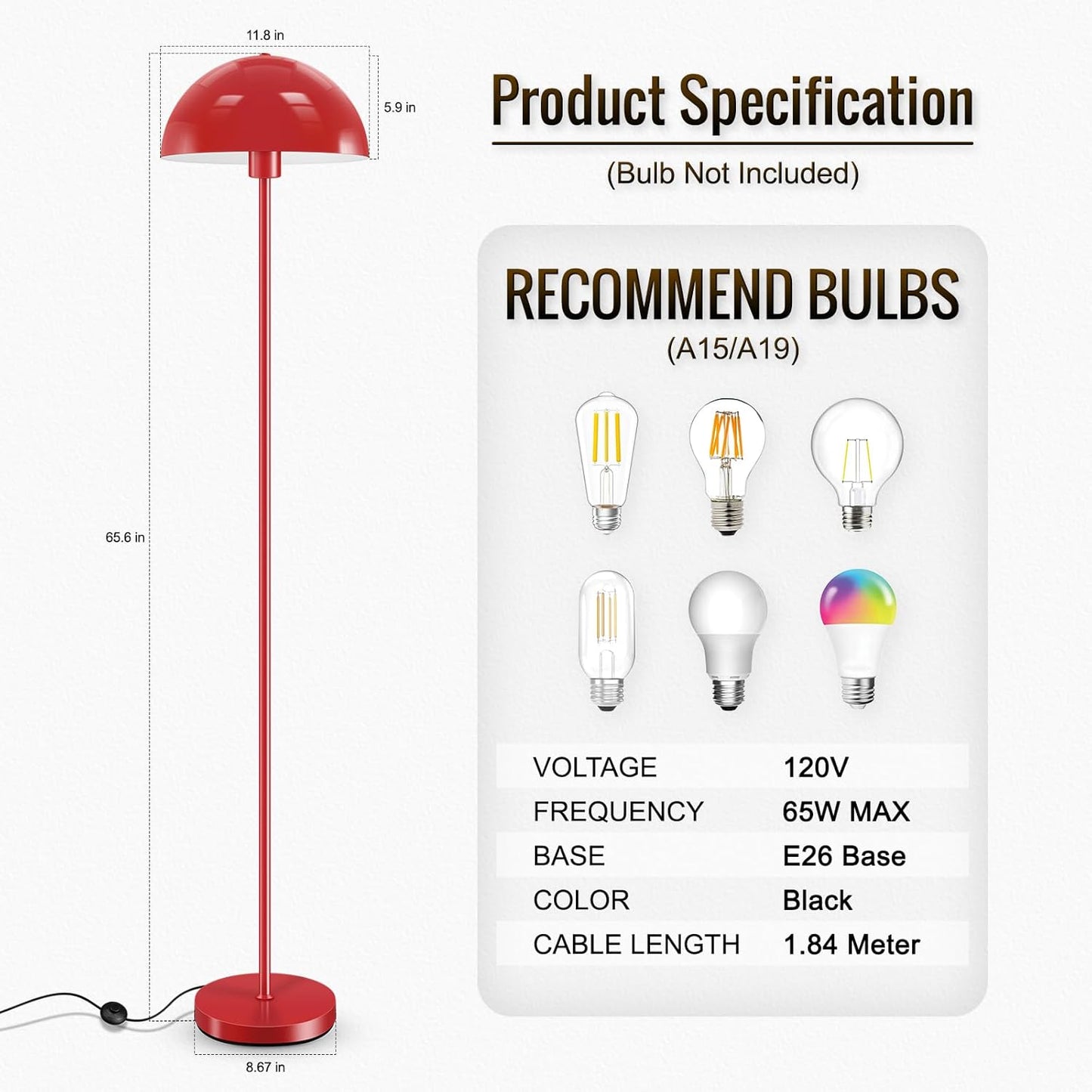 Modern Floor Lamps for Living Room, Red Metal Mushroom Lamp, 66" Tall Corner Lamp, Footswitch, Bright Industrial Standing Lamps for Bedroom Nursery, Mid Century Modern Home Decor(E26 Base, NO BULB)