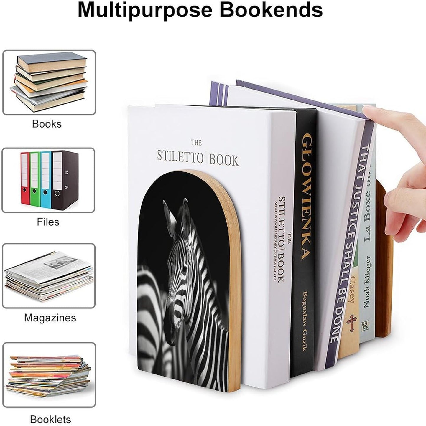 Black & White Zebra Bookend for Shelves Wooden Book End Large Size Sturdy Book Holders Stoppers with Metal Base for Bookshelves Slick Decorative Bookends Stands