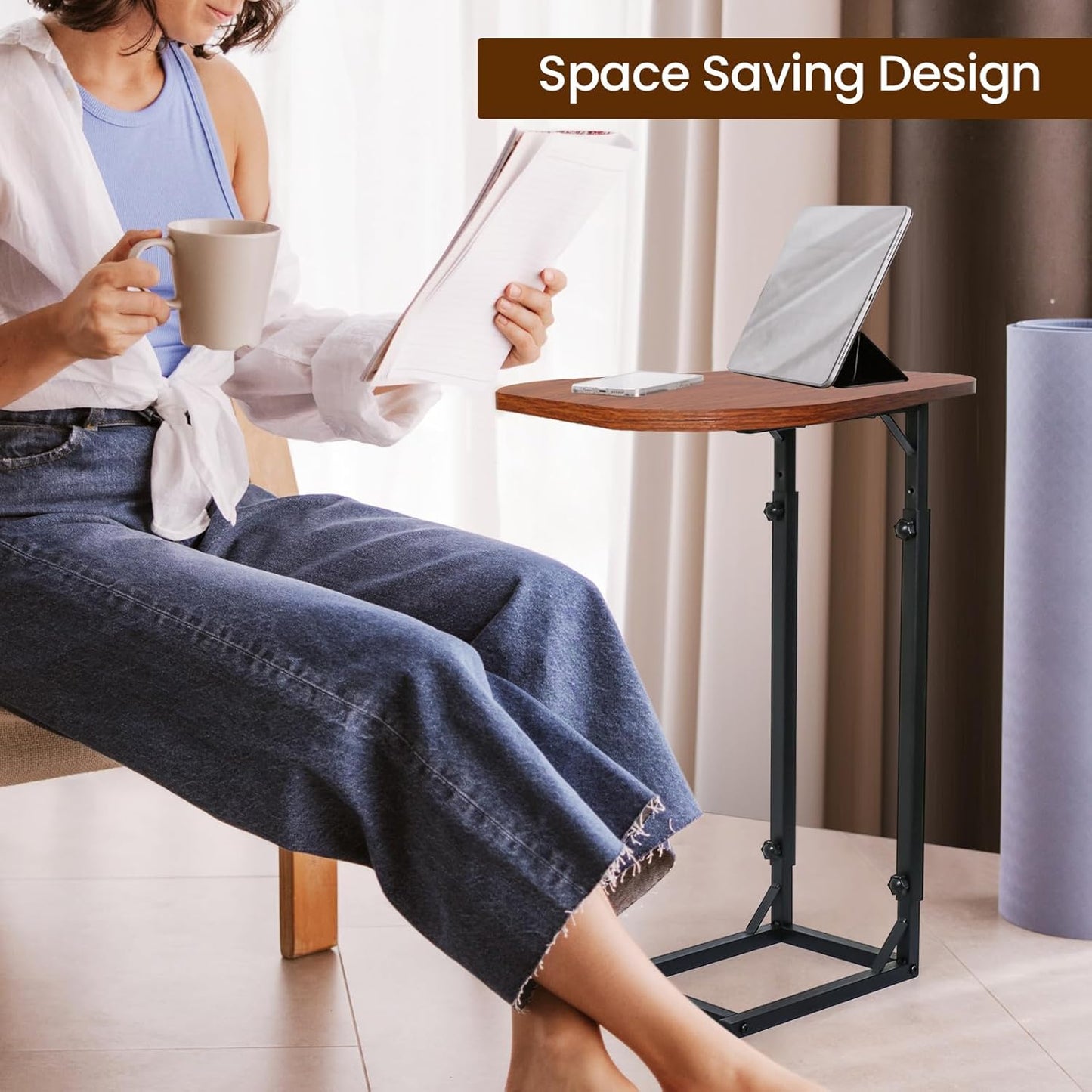 Premium Adjustable C-Shaped End Table for Couch, Mini Side Tables for Sofa, Small Coffee Table with Metal Frame, Beautiful and Practical Sidekick for Your Living Room, Bedroom, Bedside, Rustic Brown | Premium, Adjustable, for Couch, for Sofa, with Metal F