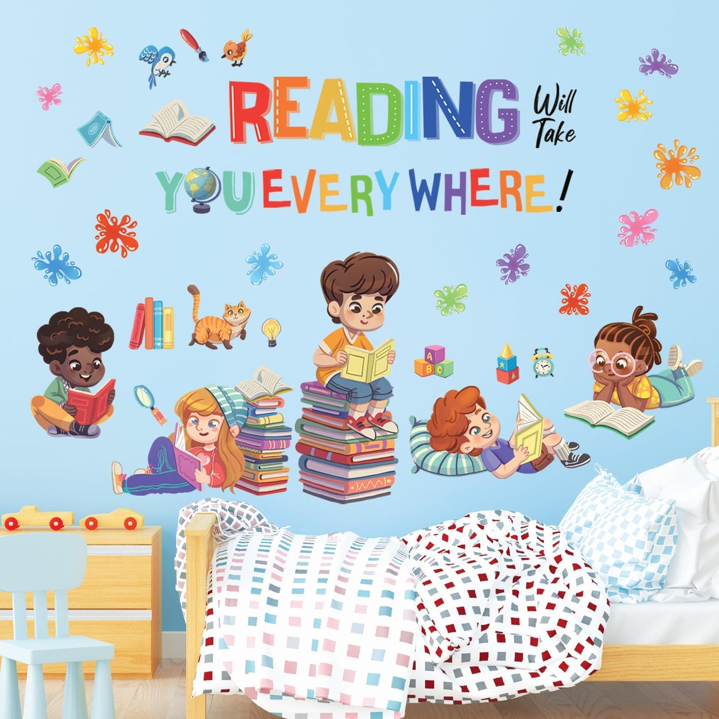 DECOWALL SG2-2404 Kids Reading Corner Wall Stickers Decals Reading Room ABC Décor Classroom Playroom Library Nursery Peel and Stick Removable Baby Boys Girls Decorations School Inspirational