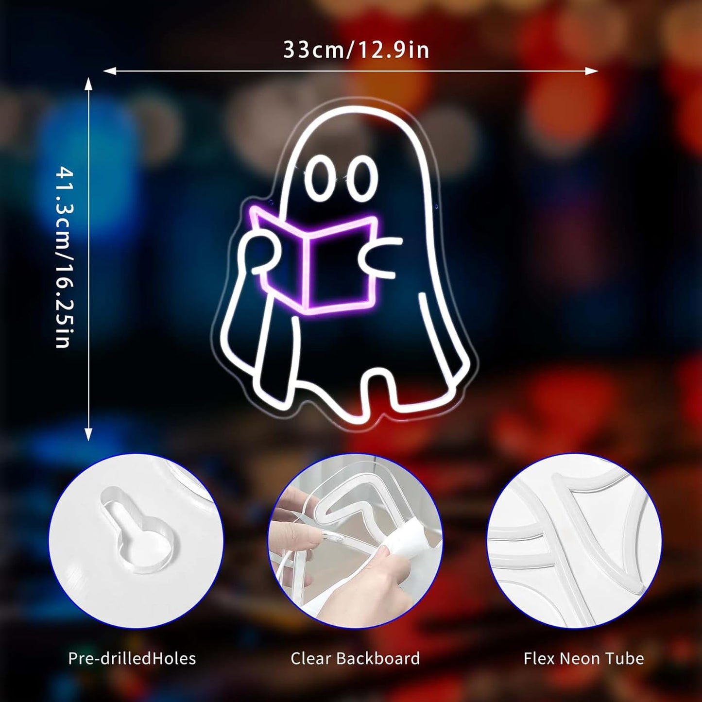 Reading Ghost Neon Sign, Neon Signs for Wall Decor Neon LED Signs Room Neon Light Up Signs Home Decor for Bedroom Club Party Bar Shop USB Operated