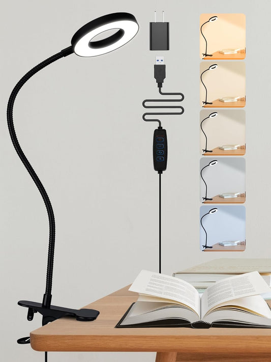 Clip on Lamp,5 Colors+10 Brightness LED Desk Lamp with Clamp,550lm Bright Clip on Light for Bed Headboard/Bedside Table,360°Adjustable Reading Light for Bed,Desk Lights for Home Office Study [Adapter]