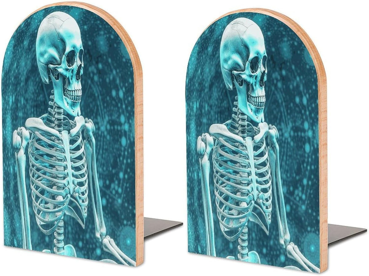 The Skeleton of Color Space Wooden Bookend Non-Slip Book Ends Heavy Duty Book Stopper with Metal Base Books Holderd Decorative Bookends Stands Firmly for Office Supplies