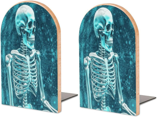 The Skeleton of Color Space Wooden Bookend Non-Slip Book Ends Heavy Duty Book Stopper with Metal Base Books Holderd Decorative Bookends Stands Firmly for Office Supplies