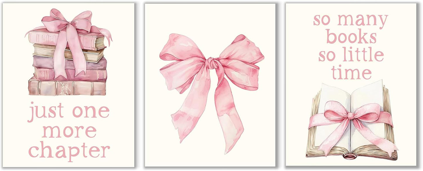 Aychlithic Coquette Bow Reading Wall Art Decor Posters - Pink Bow Preppy Room Decor for Bookish Book Lovers, Just One More Chapter Book Club Poster Prints for Bedroom Dorm Unframed 8x10 Inch, Set of 3