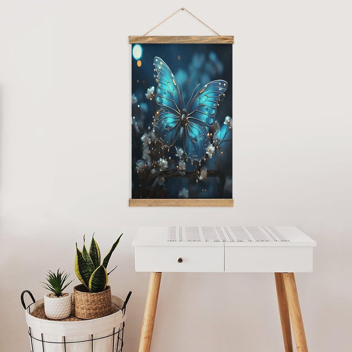 Vintage Blue Butterfly And Moon Poster with Wooden Frame Personalized Linen Hanging Scroll Painting Rustic Wall Hanging Illustrative Modern Artwork Decor for Home Living Room Bedroom Office