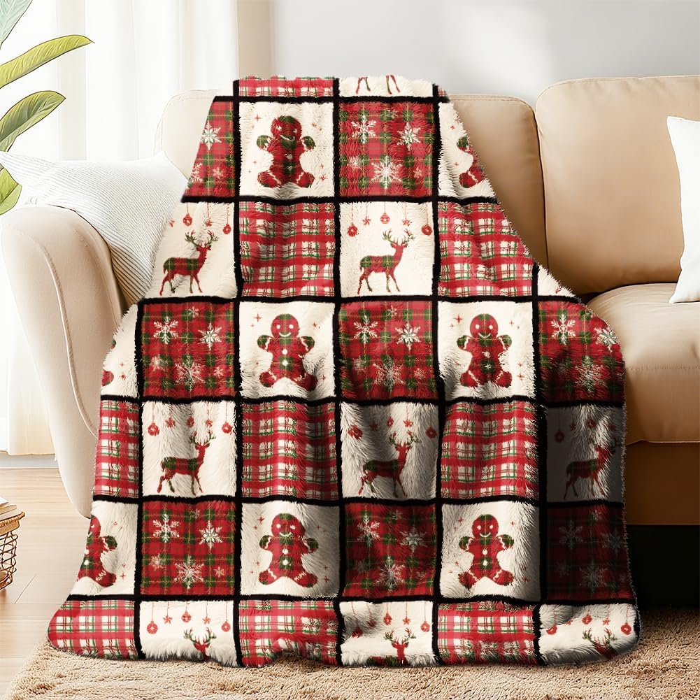 WADORN Christmas Gingerbread Man Elk Throw Blanket, 500GSM，Christmas Red Black Buffalo Plaid Cozy Throw Blanket Soft Flannel Fleece Blanket for Home Bedroom Sofa Couch Chair Xmas Winter, 51x59 Inch