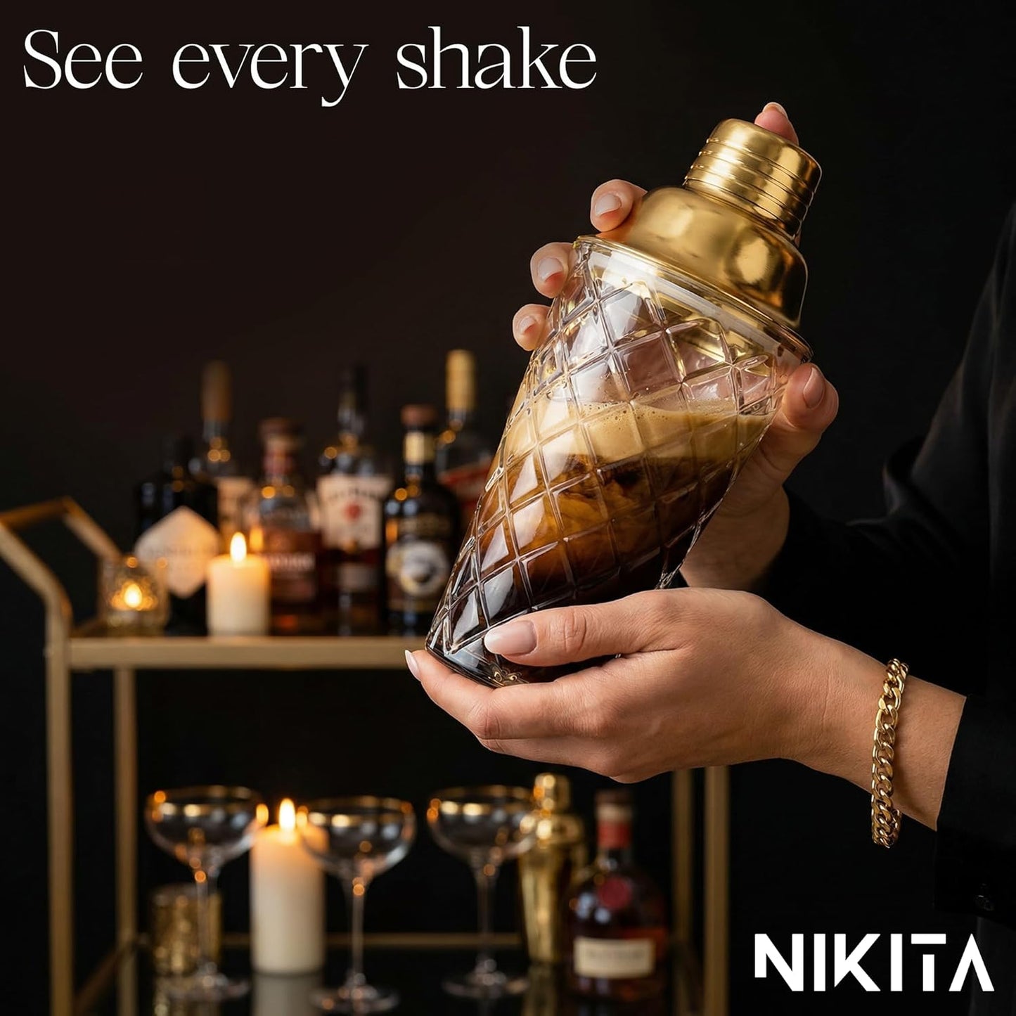 NIKITA by Niki Glass Cocktail Shaker Set, 5-Piece Martini Shaker & Bartender Kit with Bar Accessories Strainer, Jigger, Spoon & Muddler, Gold 16oz Drink Mixer with Bartender Accessories