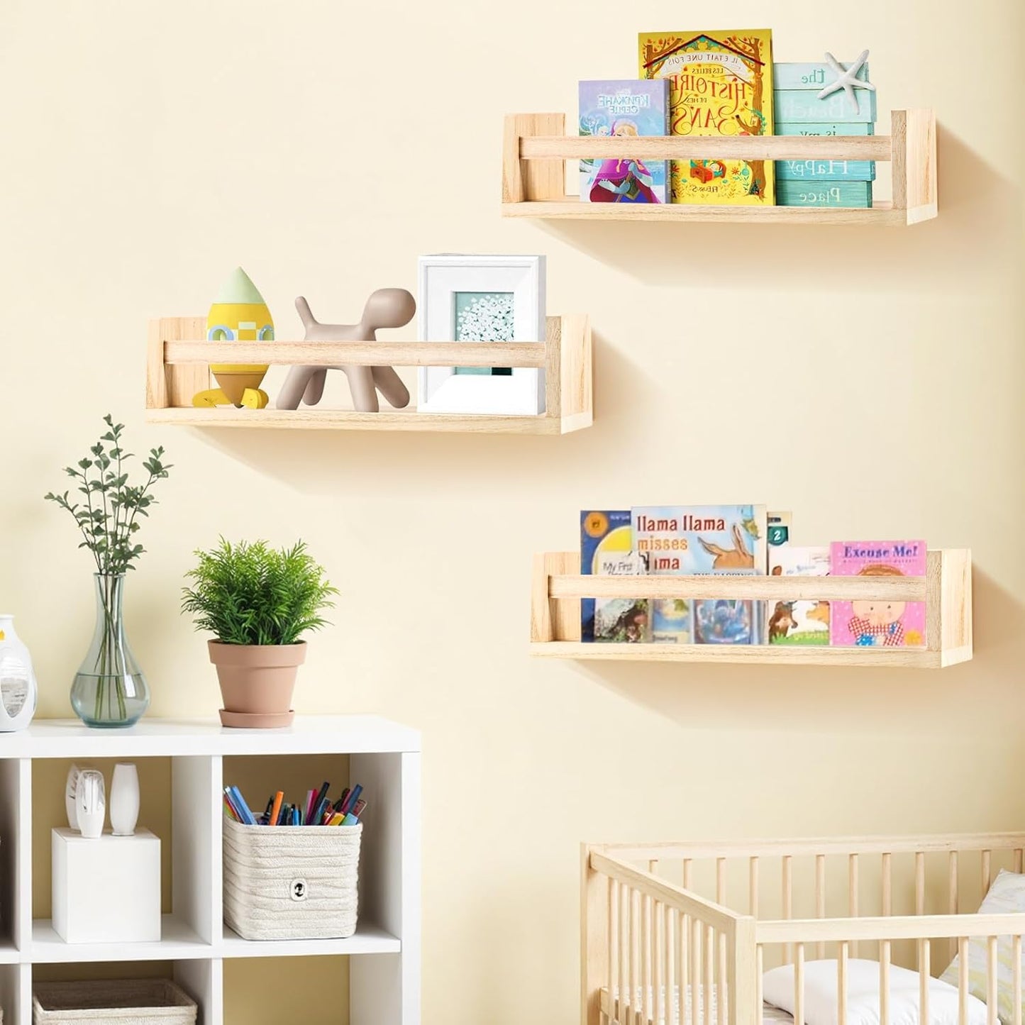 3 Pack Nursery Shelves, 16.5 Inch Nursery Book Shelve, Solid Wood Wall Mounted Shelve for Books, Floating Shelves for Wall Books Living Room Kids Room Decor(Natural Wood)