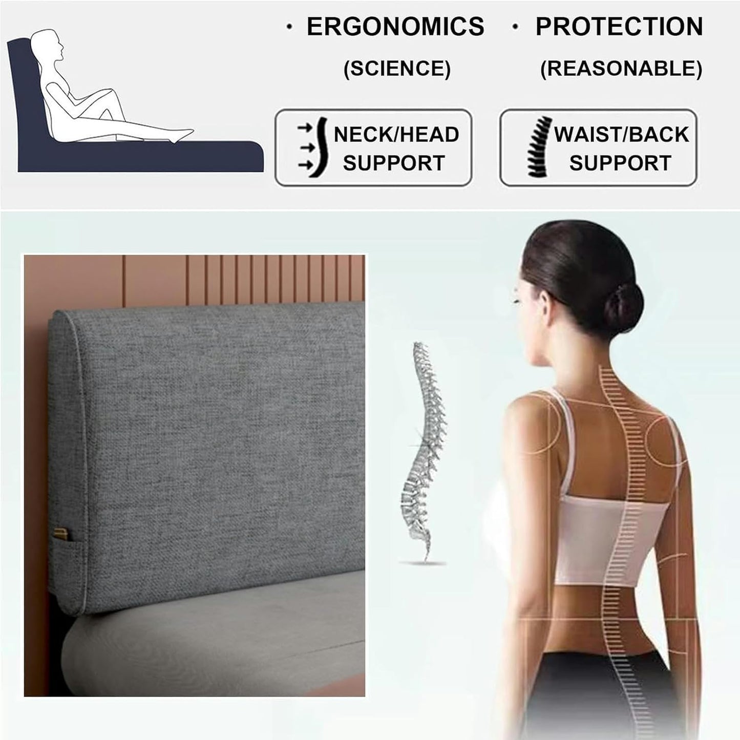 Rectangle Headboard Pillow Linen Bed Backrest Large Wall Mounted Headboard,Solid Color Wedge Pillowboard Reading Pillow Support Upholstered Daybed Bolster, Gray