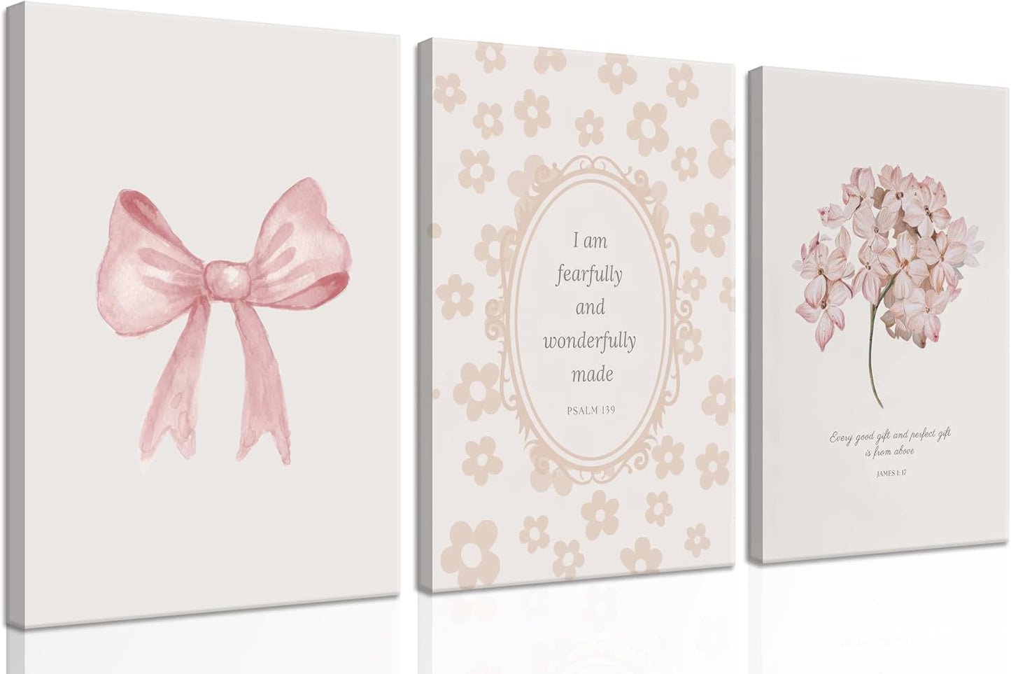 Nursery Christian Wall Art Set of 3, Bible Verse Canvas Wall Decor, Coquette Pink Bow Prints Paintings, Girl Nursery Room Pictures for Bedroom Kids Room 12x16 Inch Framed
