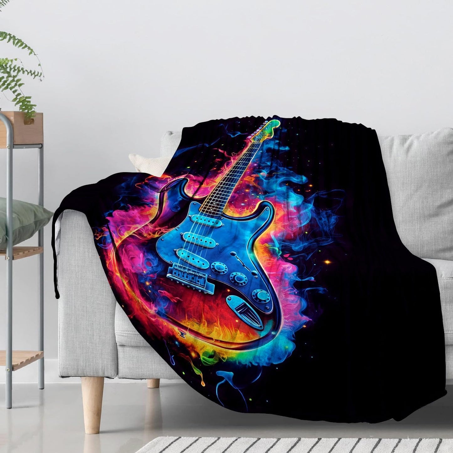 Neon Electric Guitar Flannel Throw Blanket 50x60 Inch, Colorful Fire and Musical Instrument Design Blankets Soft Cozy Fleece Throws for Music Lover Bed Sofa Dorm Living Room Decor Gifts