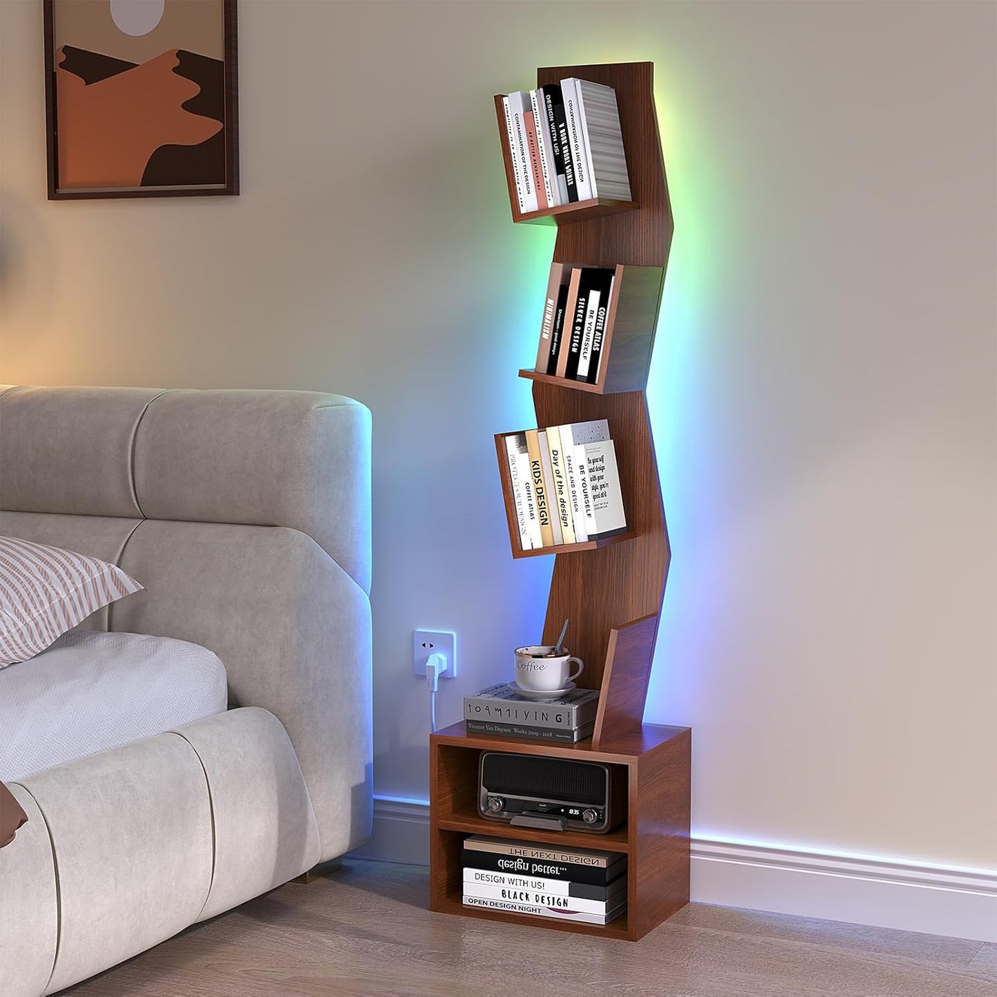 6 Tier Tree Bookshelf,Small Book Shelf with LED Lights,Corner Bookcase,Book Organizer Shelves,Floor Standing Book Shelves for Living Room,Home Office,Living Room,Vintage Rustic Brown