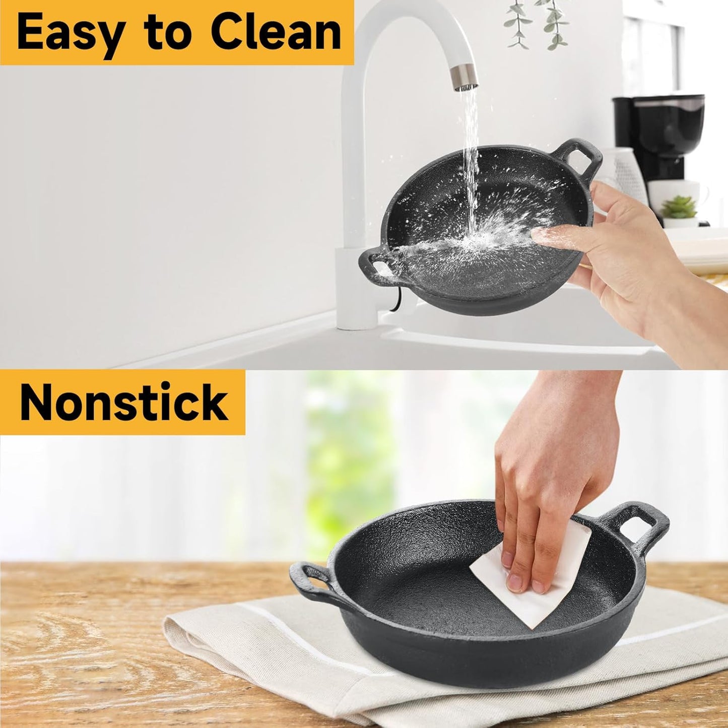 2 Pack Mini Cast Iron Skillet, 7 x 7 x 1.7 Inch Small Cast Iron Frying Pan with Handle, Pre-Seasoned Cast Iron Skillet Set, Black Casserole Dish for Kitchen, Indoor, Outdoor, Picnic