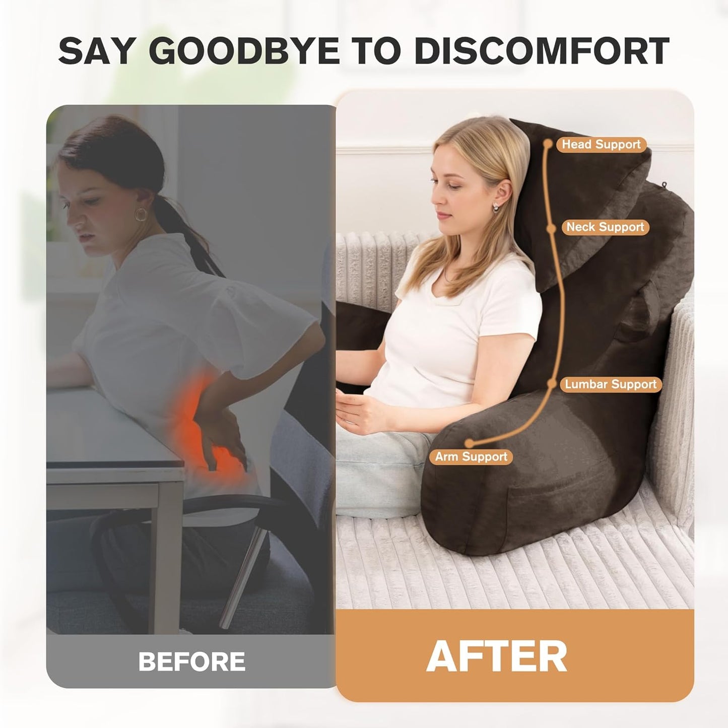Portable Reading Pillows with Headrest for Bed Sitting Up(Brown Oeko-Tex), Velvet Back Pillow with Arms & Pockets for Adults, Support Memory Foam Bed Pillow for Dorm/Reading/Watching/Gaming