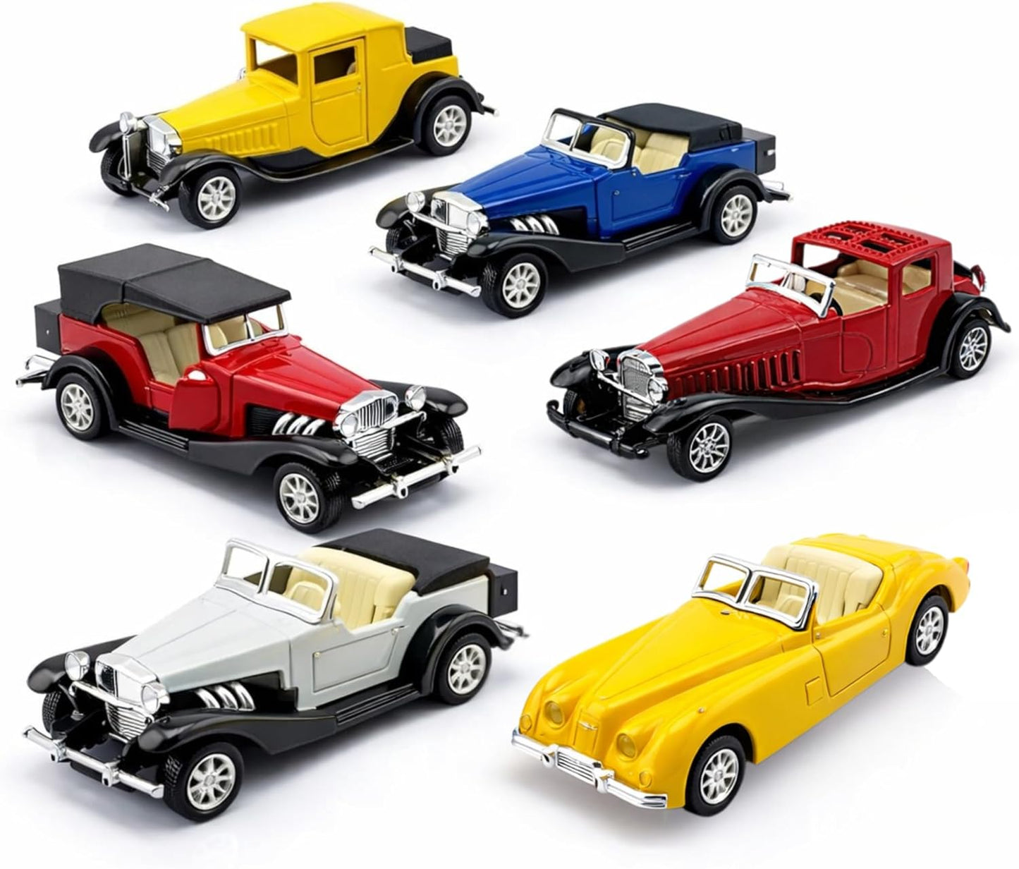 6 Pack - Diecast Cars Antique Classic American Vehicles with Pullback Action and Openable Doors, Collectible Vintage Retro Model Cars Toy for Display and Gifts for Kids (1:32 Scale)