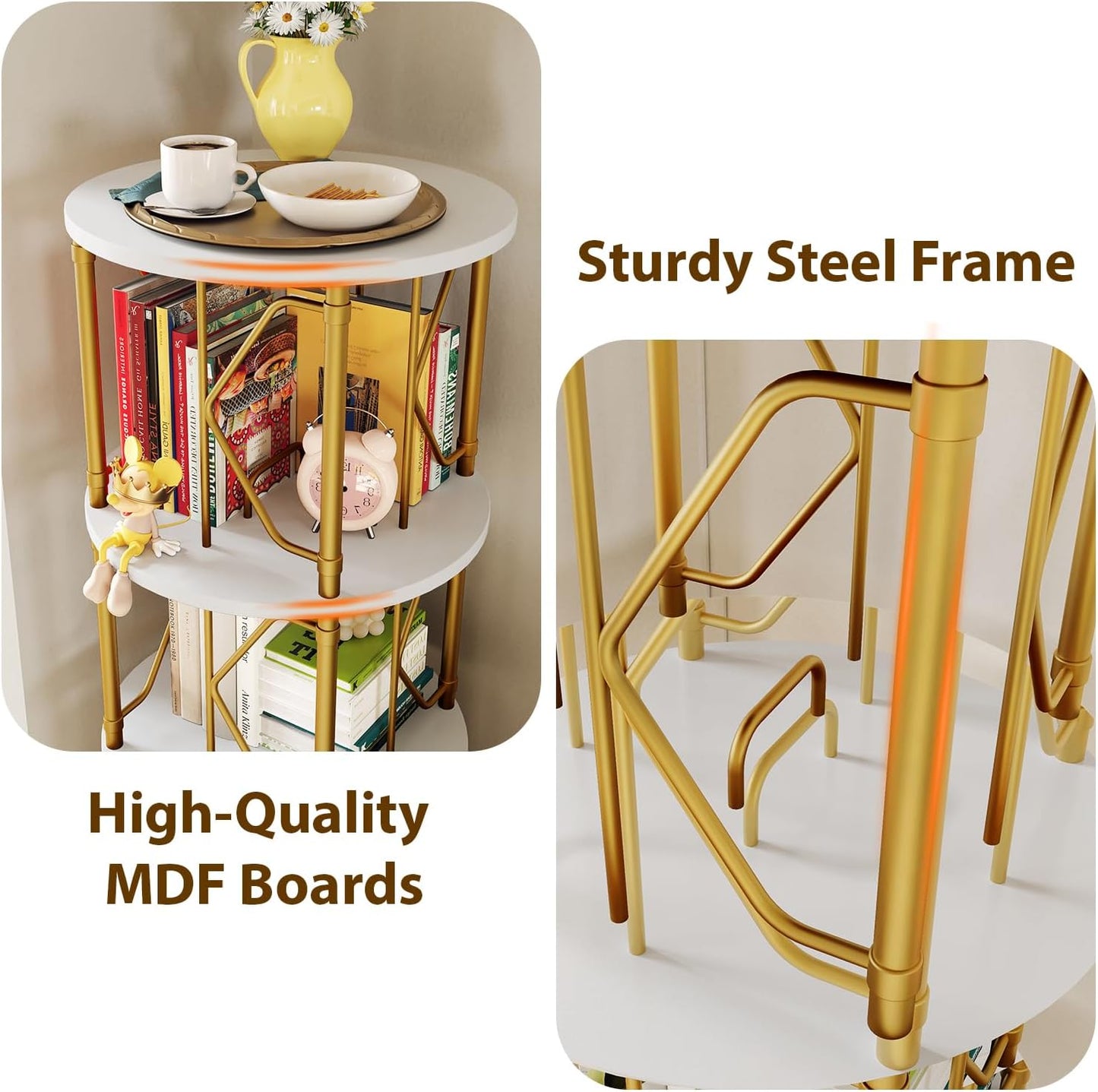 3 Tier Rotating Bookshelf Tower, Revolving Bookcase, 360° Round Spinning Book Shelf, Narrow Swivel Bookshelves Vertical Turning Corner Bookshelf Organizer for Bedroom, Living Room, Gold & White