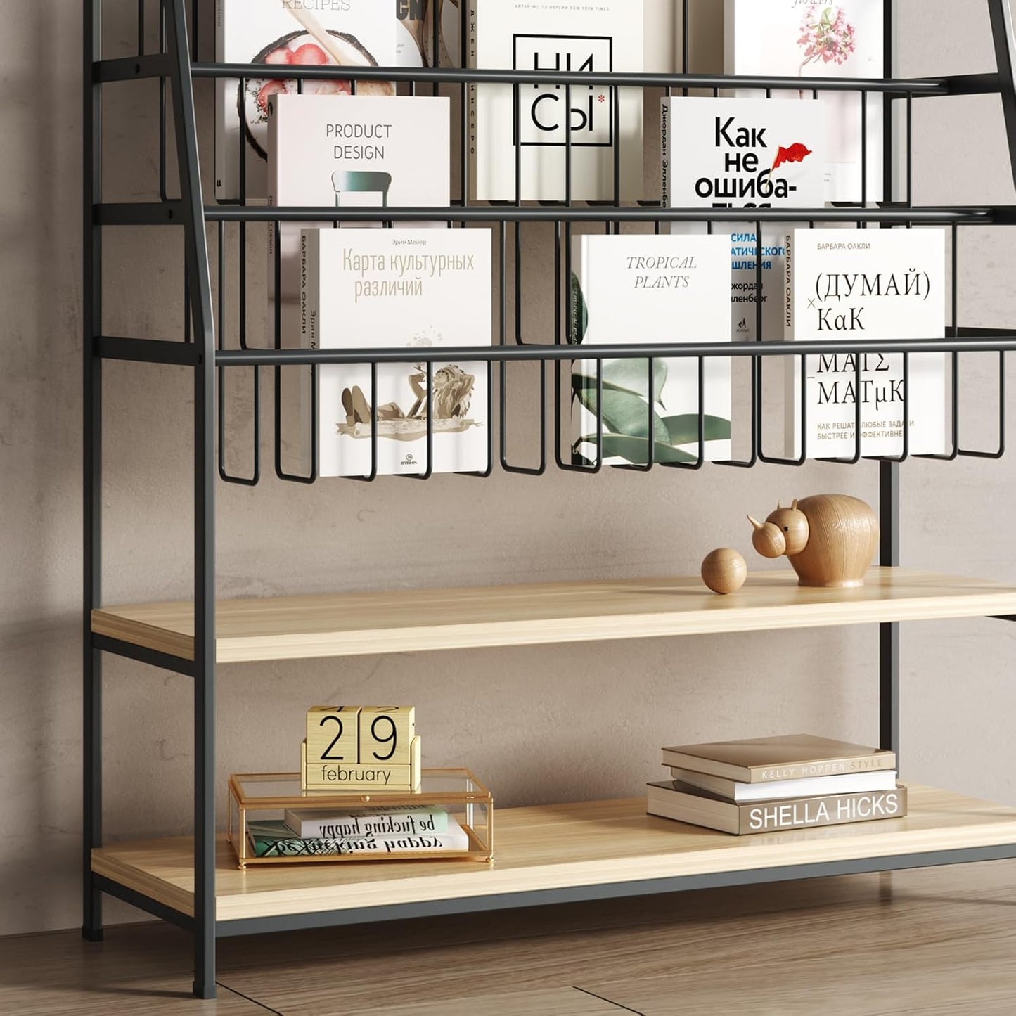 Bookshelf for Kids,Modern Magazine Rack Floor,Freestanding Bookcase for Books,Kids Picture Books,CD DVD & Vinyl Record Storage,Metal Display Shelf with Wooden Shelves(Black, L:31.5")