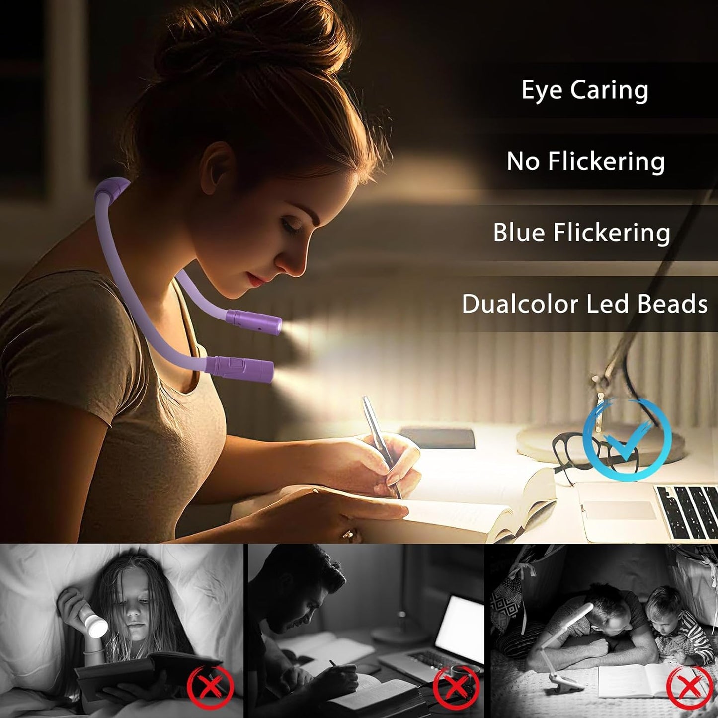 LUXJET Reading Light for Neck, 3 Colors & 6 Brightness Levels, Rechargeable Hands-Free Book Light with Flexible Gooseneck, 80Hrs for Night Reading, Eye-Caring Gift for All Ages