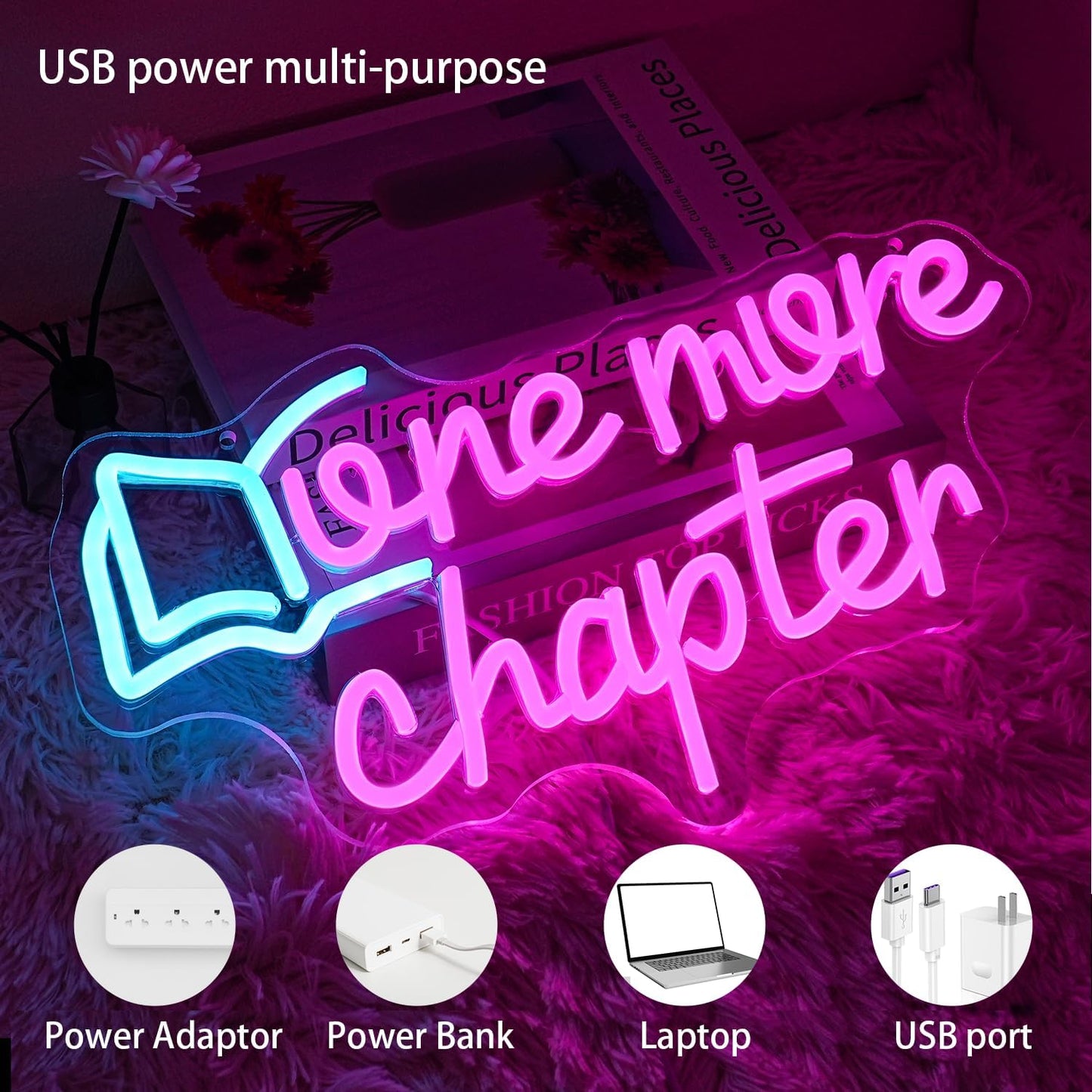 One More Chapter Neon Sign Read Book Neon Light for Wall Decor Dimmable Pink Letter Reading LED Neon Sign for Study,Library,Book Shop,Classroom Decoration