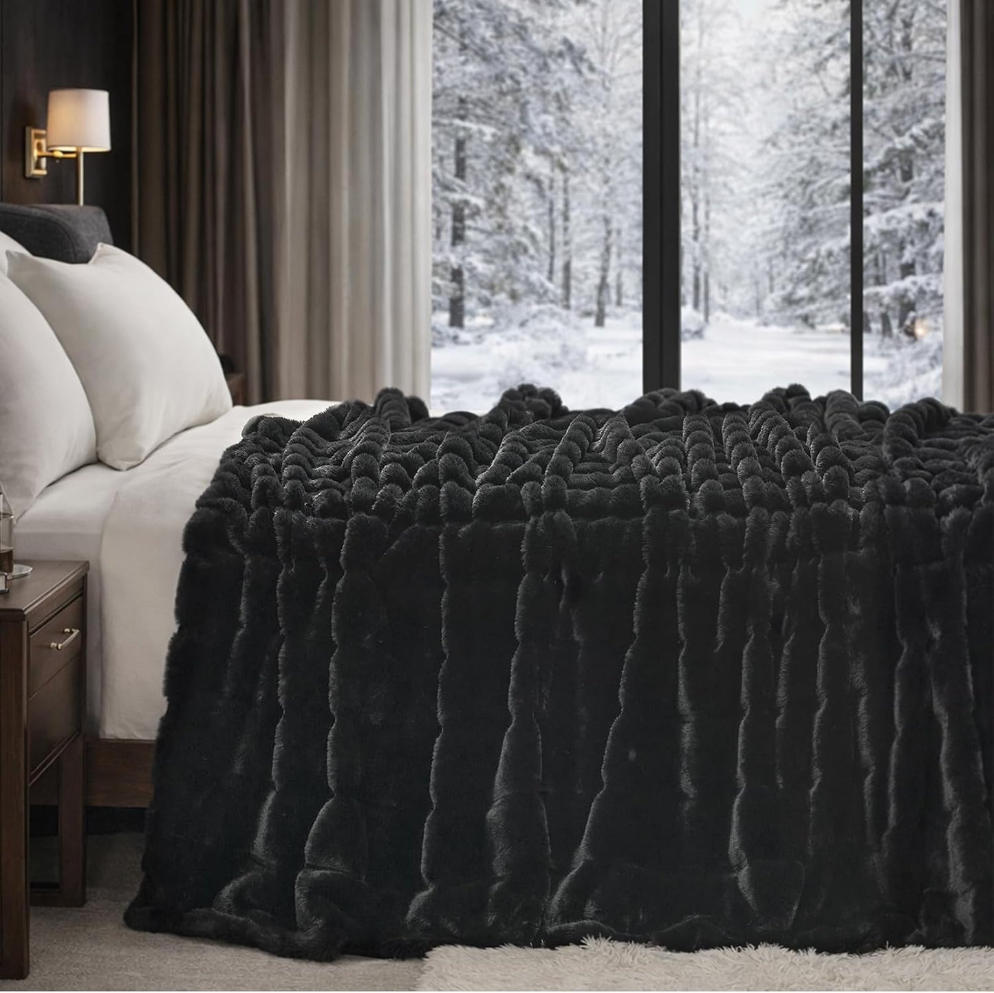 Cozy Bliss Deluxe Sheared Rabbit Faux Fur Throw Blanket, Soft Fuzzy High-Low Sculpted Plush Blanket for Couch, Cozy Home Accent, All Season Use, Black 60"x80"