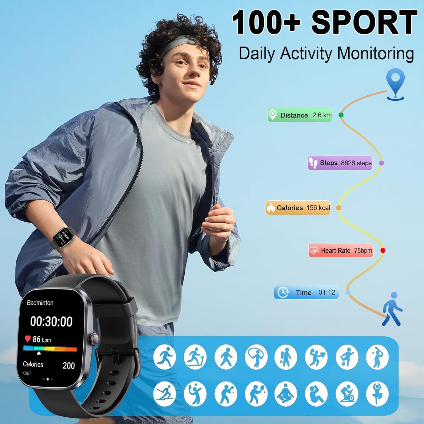 Smart Watch(Answer/Make Call), 1.91" Smartwatch for Men Women, 2026 Fitness Watch with 110+ Sport Modes, Fitness Activity Tracke with Pedometer/Sleep Monitor/Heart Rate/IP68 Waterproof,for Android iOS
