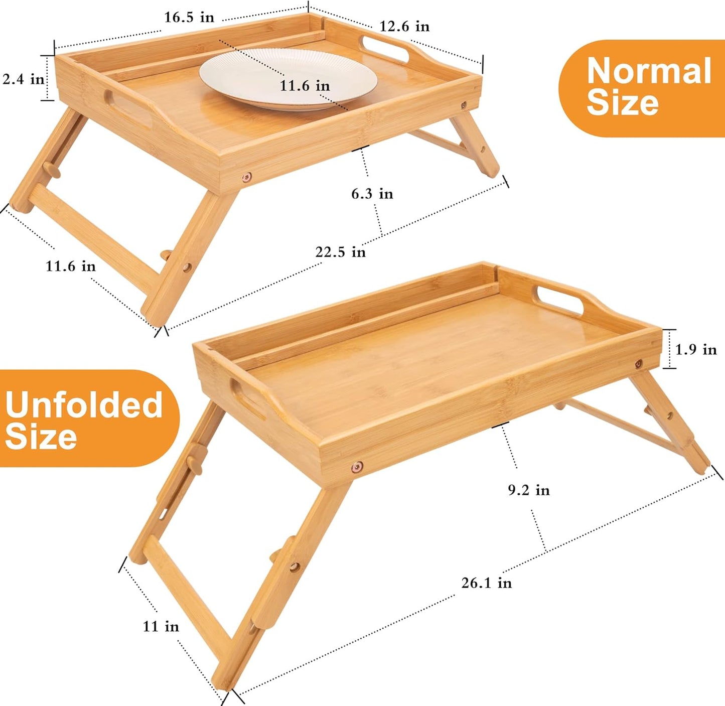 Greenual 2 Pack Bed Tray Table with Handles Folding Legs, Bamboo Breakfast Food Tray with Media Slot, Use As Platter, Laptop Desk, Snack, TV Tray Kitchen Serving Tray(Natural)