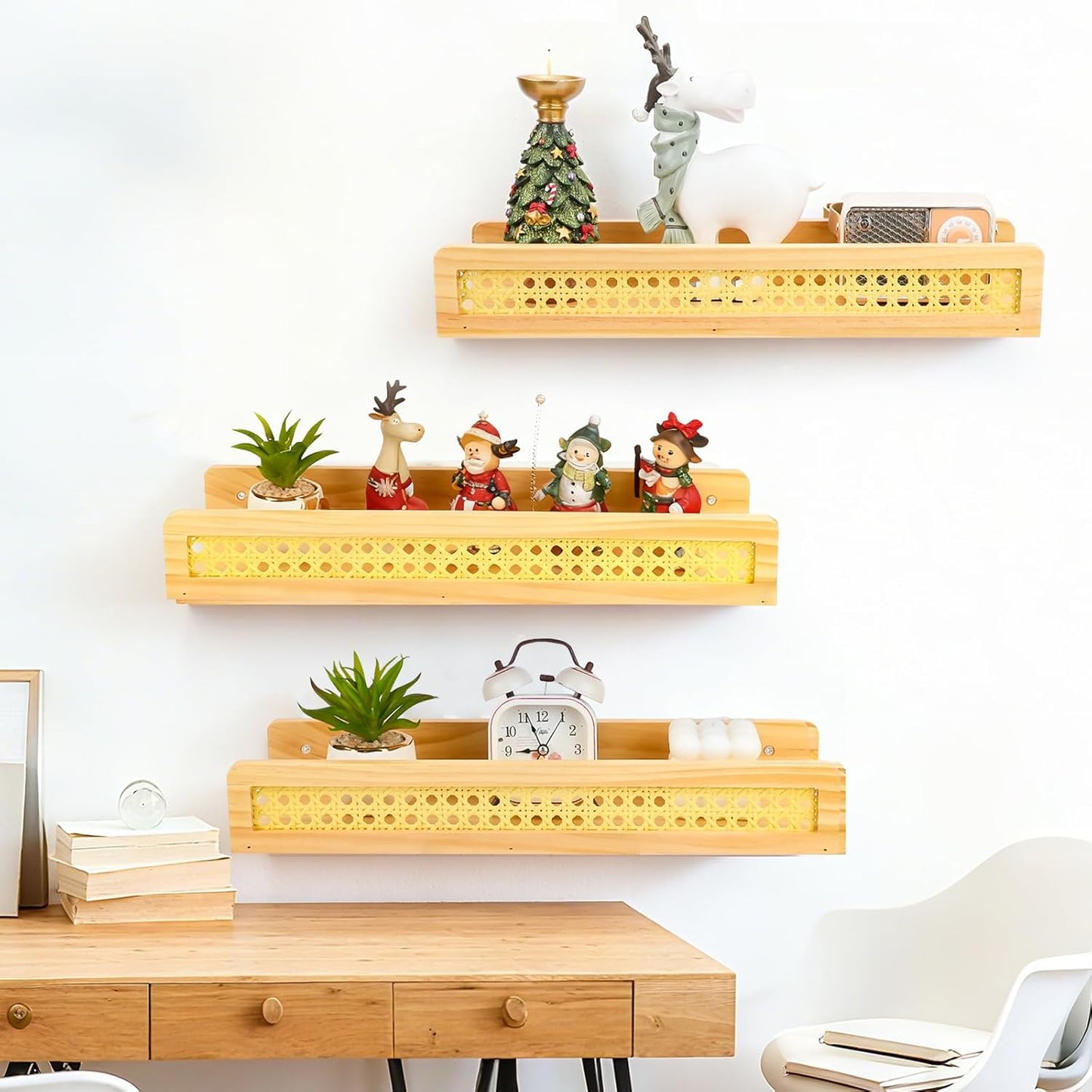 Zoyiancy 3 Pcs Rattan Wall Shelf, Natural Wooden Wall Mounted Floating Shelves, Decorative Picture Ledge Wicker Nursery Bookshelves for Bedroom, Kitchen, Living Room, Office