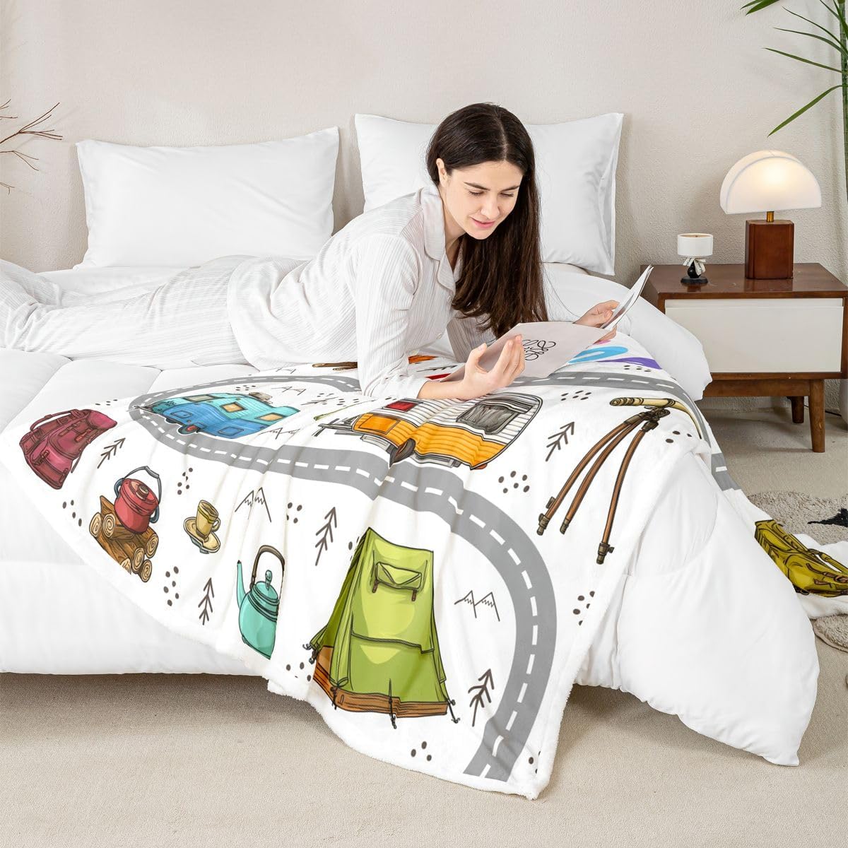 Feelyou Cute Rv Camping Camper Sherpa Throw Blanket for Couch Wildlife Animal Bear Super Soft Cozy Fleece Camping Adventure Blanket for Winter, Plush Throw Throw 50"x60" All Season