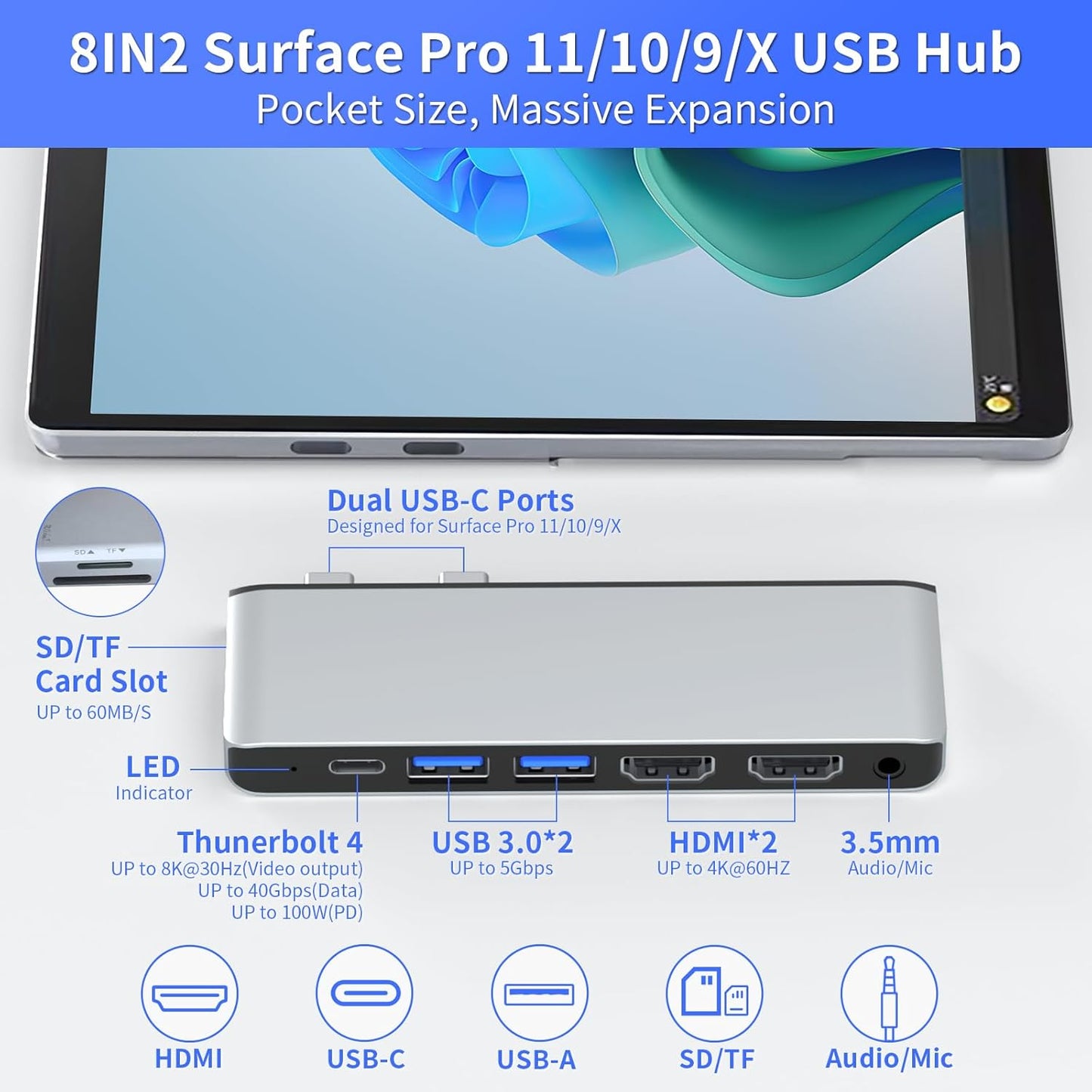 Surface Pro 11 Accessories Docking Station with Dual 4K@60Hz HDMI, USB-C Thunerbolt 4 (Display+Data+100W Charging), 2 USB 3.0, SD/TF, 3.5mm Mic, USB C Hub Adapter for Surface Pro 11/10/9/X