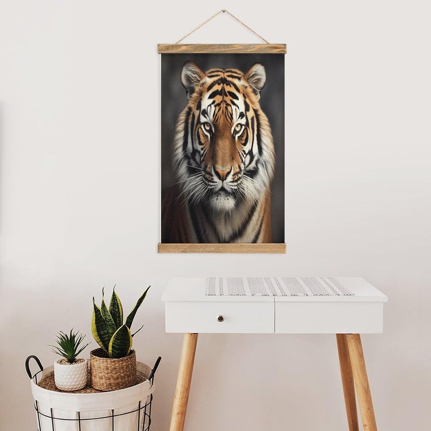 Vintage Tiger Poster with Wooden Frame Personalized Linen Hanging Scroll Painting Rustic Wall Hanging Illustrative Modern Artwork Decor for Home Living Room Bedroom Office