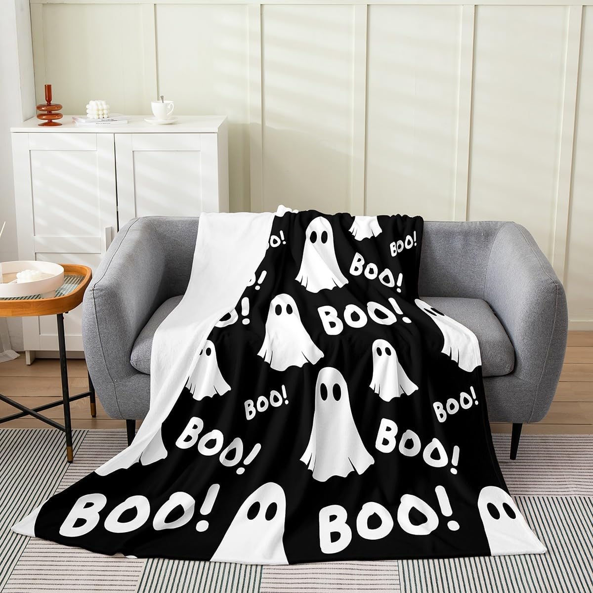 Castle Fairy Funny Ghost Flannel Fleece Blanket Throw Size,Super Soft Cozy Happy Halloween Theme Plush Blankets,Lightweight Microfiber Black White Throw Blanket for Couch Sofa Bed,50x60 Inches
