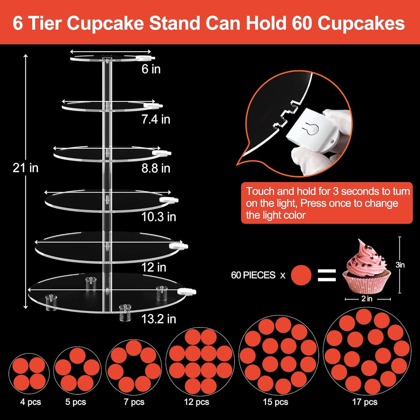 Cupcake Stand - 6 Tier Round Cupcake Tower with Rechargeable LED Light - Cupcake Holder for 60 Cupcakes - Cup Cake Stand with light - Clear Acrylic Dessert Display Stand for Weddings, Birthdays