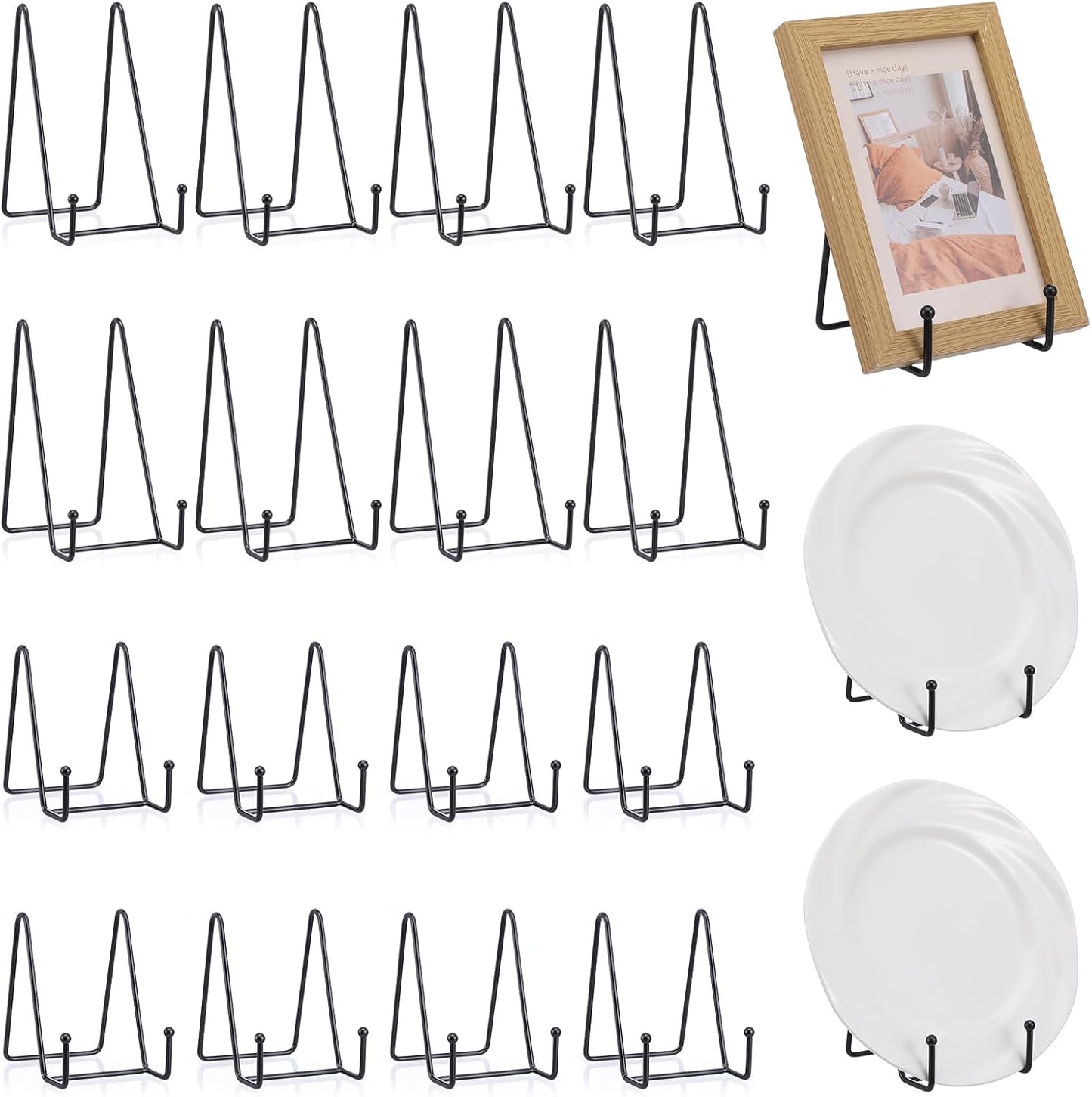 16 Pack Plate Stands for Display, Metal Picture Frame Holders & Easel Stands for Books, Photos, Decorative Plates, and Art - 4" & 6" Sizes, Black (8 of Each)
