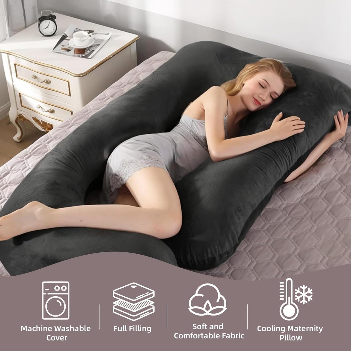 60 Inch Full Body Pregnancy Pillows for Sleeping Cooling Pregnancy Pillow,U Shaped Pregnancy Body Pillow,Maternity Pillows for Pregnant Women with Removable Washable Velvet Cover.(Black)