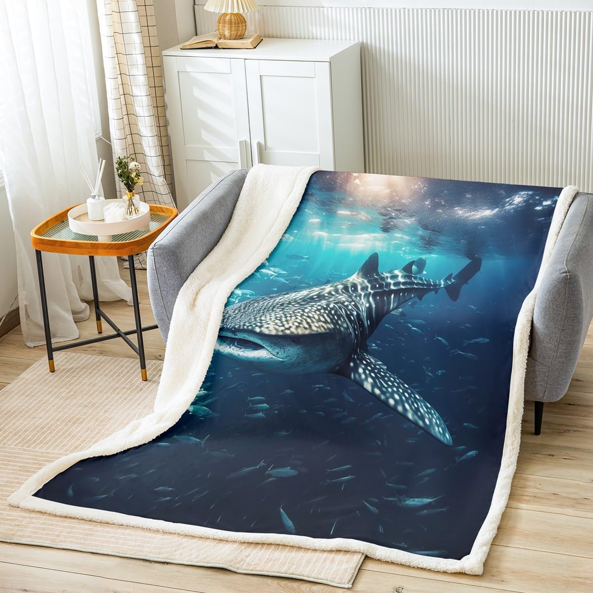 Shark Sherpa Whale Shark Fleece Throw for Sofa, Couch, Bed - Ocean Marine Theme Plush Blanket - Lightweight, Fuzzy - King Size 87x95 Inch
