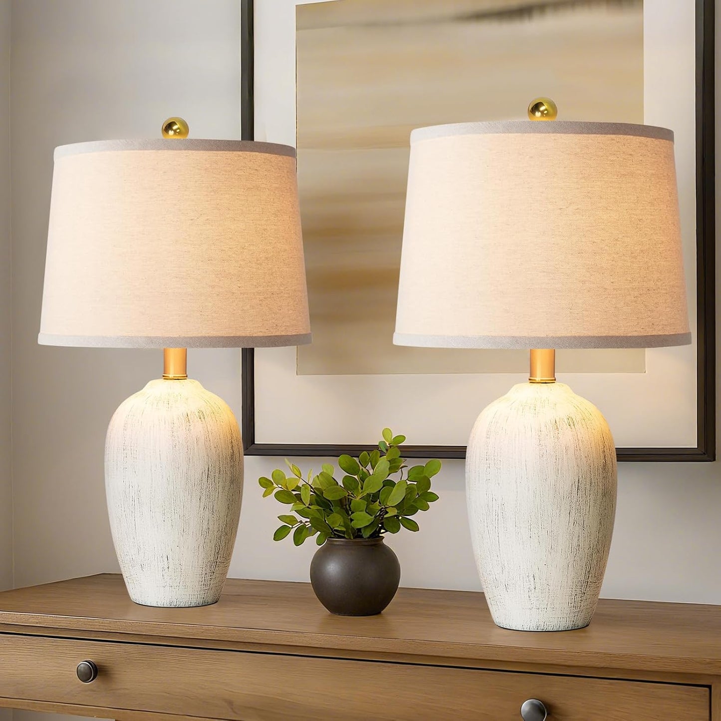 21'' Set of 2 Rustic Ceramic Small Table Lamps for Living Room Bedroom, Farmhouse Vintage Nightstand Lamps for Office Entryway End Table, 2 Bulbs Included
