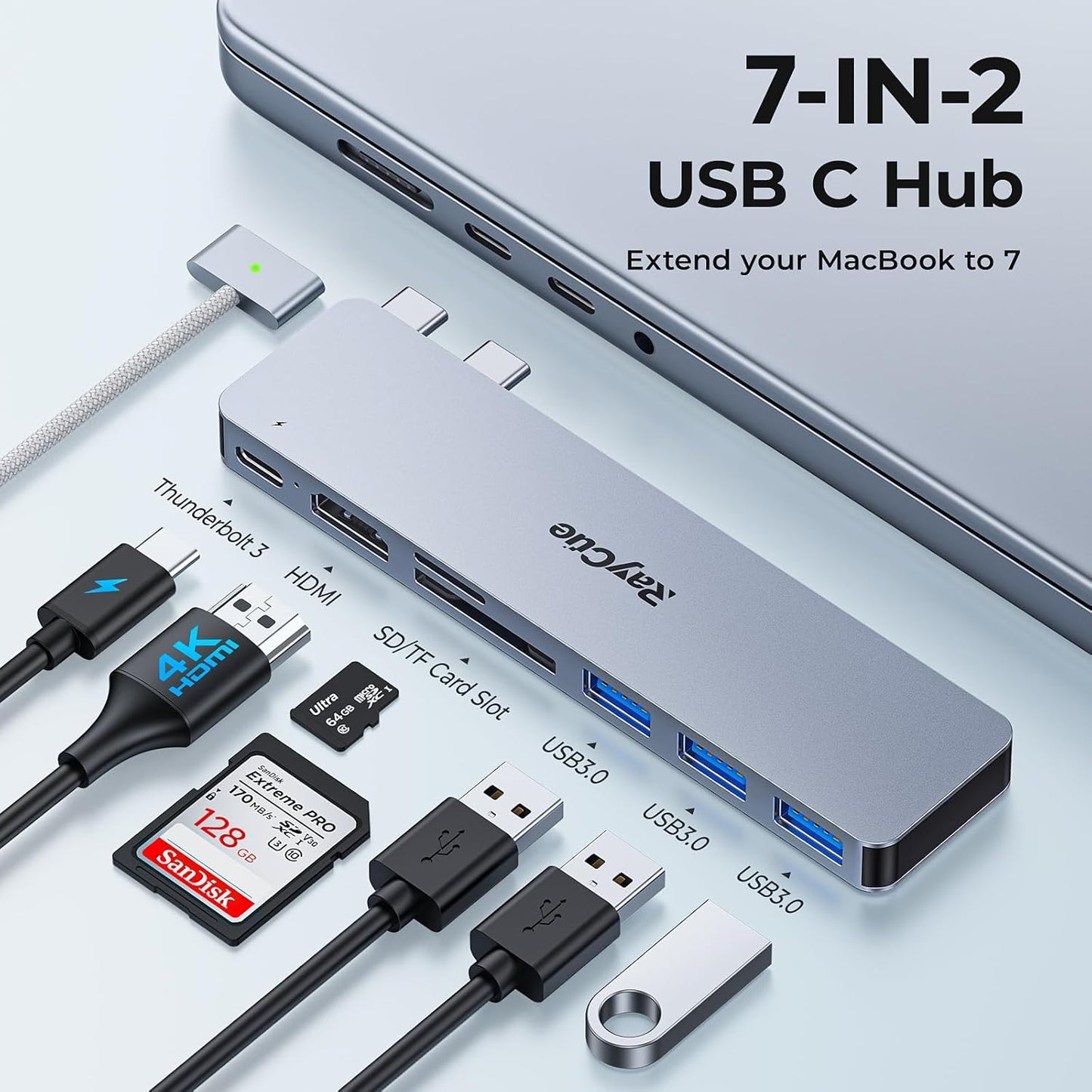 USB C Adapter HDMI Hub for MacBook Pro/Air M1 M2 2023 2022 2021 13"15"16", RayCue USB C to HDMI Mac Accessories Multiport Dongle with 4K HDMI, Thunderbolt 3, 3 USB A 3.0 Data Ports, SD&TF Card Reader